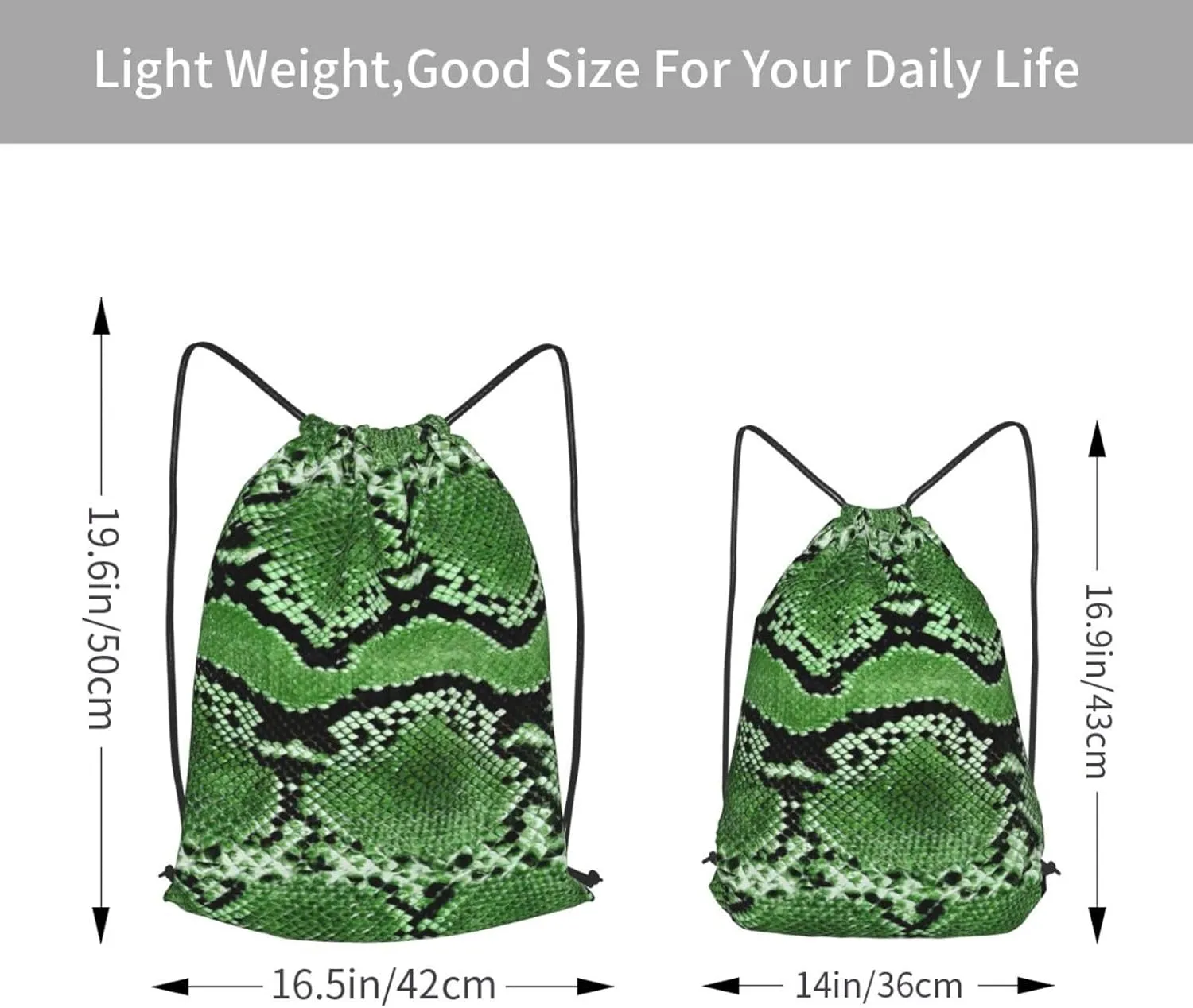 Green Snakeskin Drawstring Cinch Backpack Polyester Sack Pack String Bag For Hiking Camping Adventure