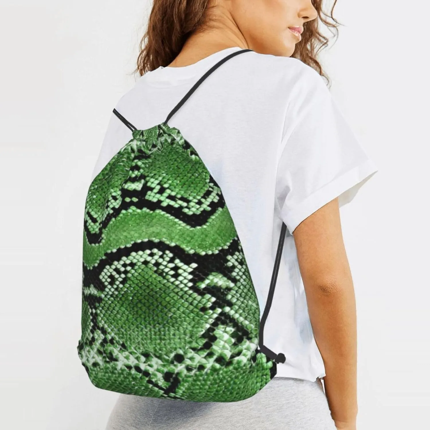 Green Snakeskin Drawstring Cinch Backpack Polyester Sack Pack String Bag For Hiking Camping Adventure