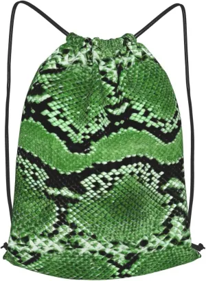 Green Snakeskin Drawstring Cinch Backpack Polyester Sack Pack String Bag For Hiking Camping Adventure