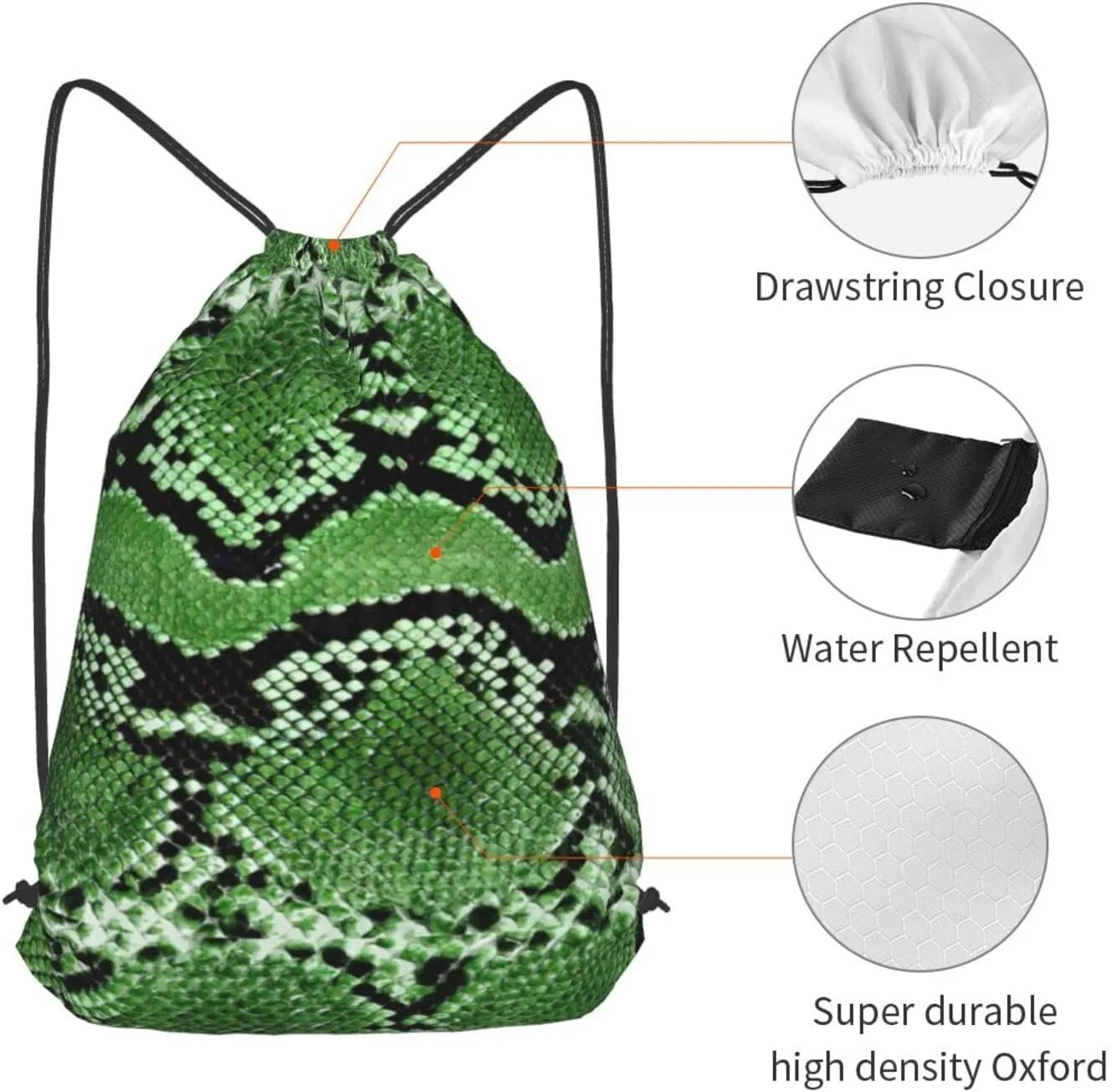 Green Snakeskin Drawstring Cinch Backpack Polyester Sack Pack String Bag For Hiking Camping Adventure