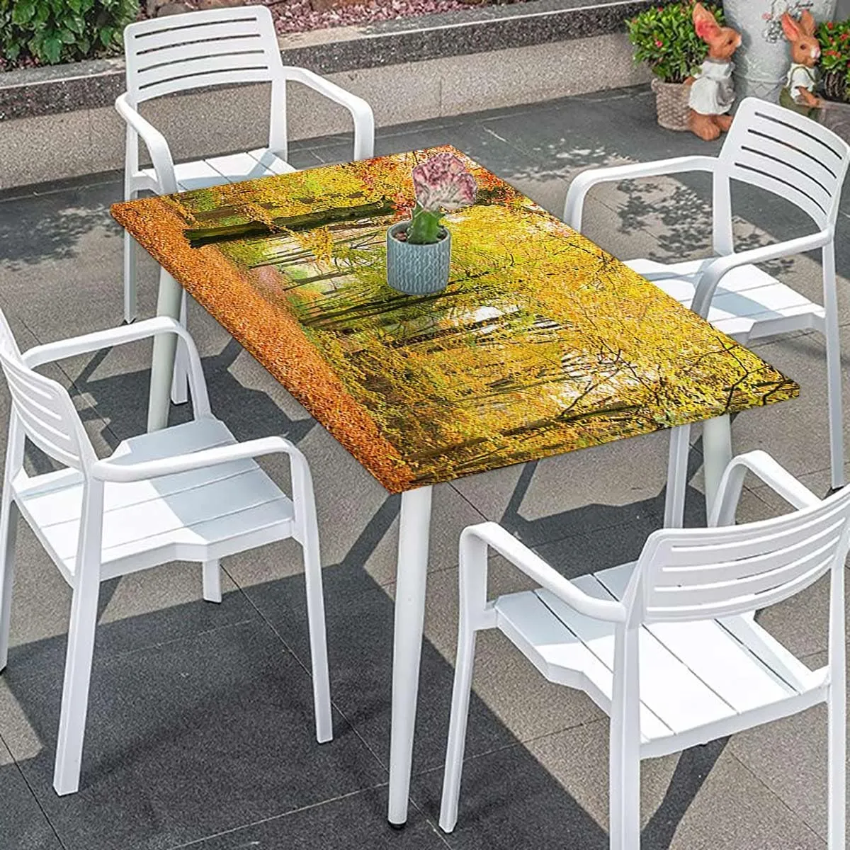 Green Yellow Elastic Edge Fitted Table Cloth, Sunbeams Golden Leaves Trees Washable Picnic Table Cover Indoor Outdoor Elastic Tablecloth Autumn Forest Fits up 5 Foot Tables