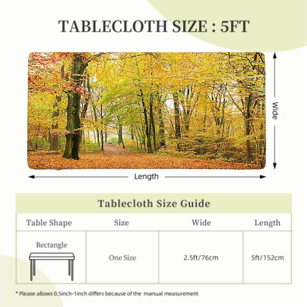 Green Yellow Elastic Edge Fitted Table Cloth, Sunbeams Golden Leaves Trees Washable Picnic Table Cover Indoor Outdoor Elastic Tablecloth Autumn Forest Fits up 5 Foot Tables