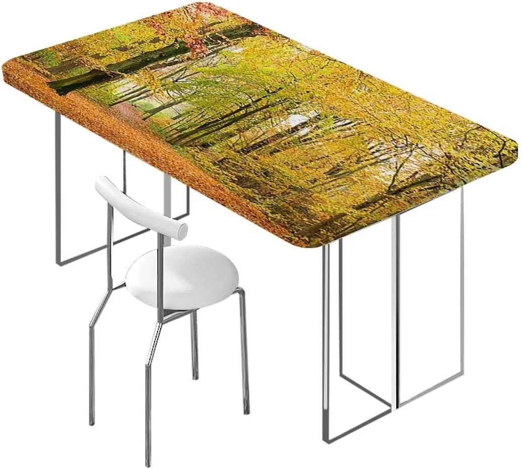 Green Yellow Elastic Edge Fitted Table Cloth, Sunbeams Golden Leaves Trees Washable Picnic Table Cover Indoor Outdoor Elastic Tablecloth Autumn Forest Fits up 5 Foot Tables