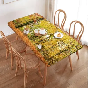 Green Yellow Elastic Edge Fitted Table Cloth, Sunbeams Golden Leaves Trees Washable Picnic Table Cover Indoor Outdoor Elastic Tablecloth Autumn Forest Fits up 5 Foot Tables