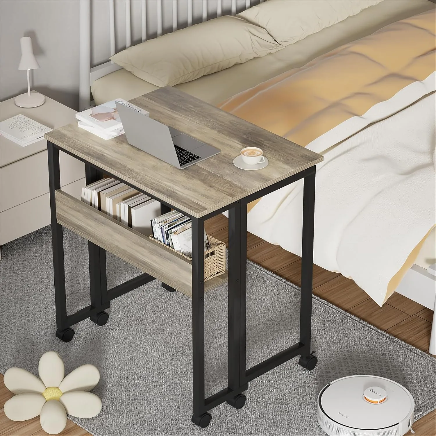 GreenForest Folding Desk Small Rolling Desk with Storage Shelf,24.8 inch Foldable Computer Desk with Wheels for Small Space,Easy Assembly,Grey Wash