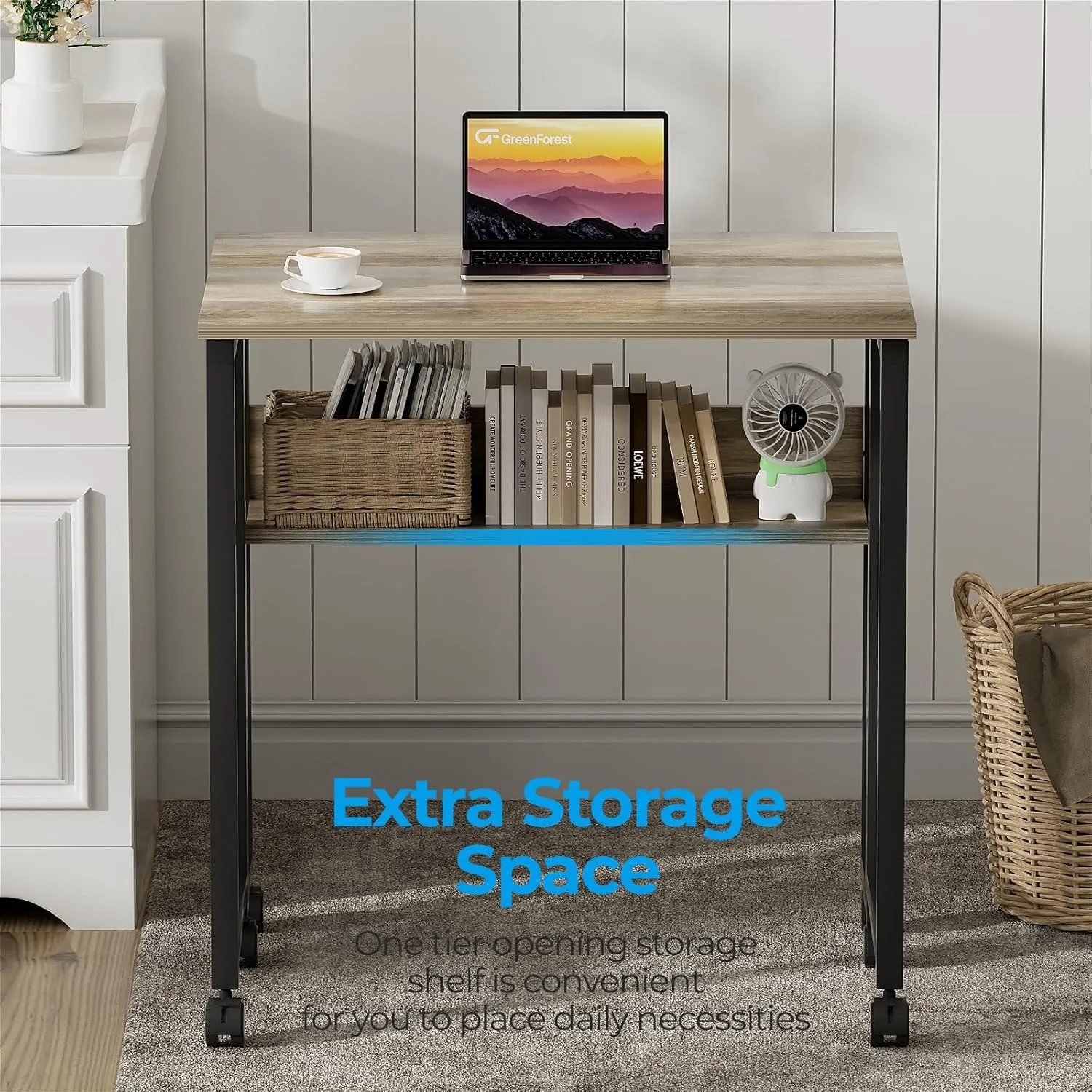 GreenForest Folding Desk Small Rolling Desk with Storage Shelf,24.8 inch Foldable Computer Desk with Wheels for Small Space,Easy Assembly,Grey Wash