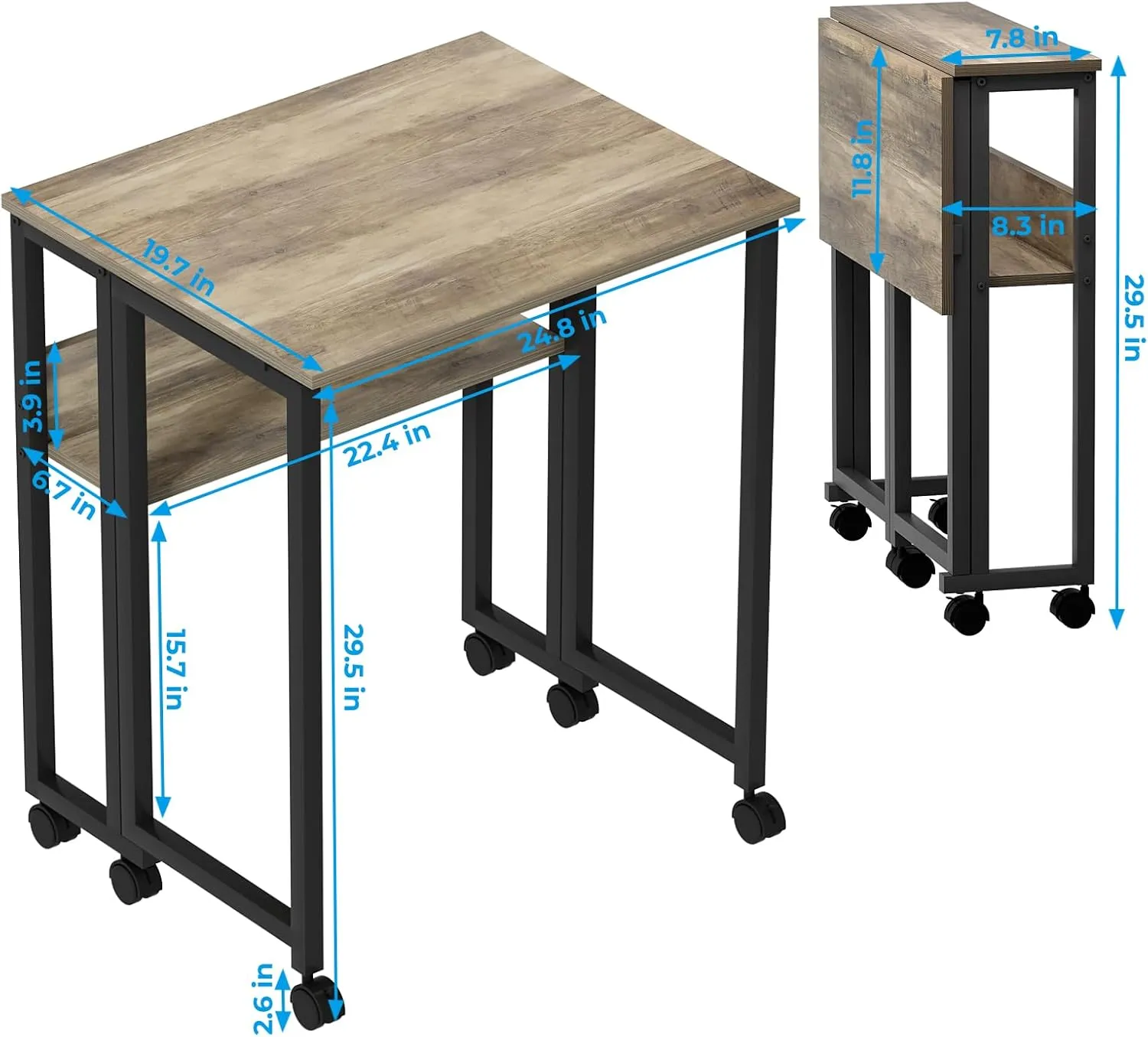GreenForest Folding Desk Small Rolling Desk with Storage Shelf,24.8 inch Foldable Computer Desk with Wheels for Small Space,Easy Assembly,Grey Wash