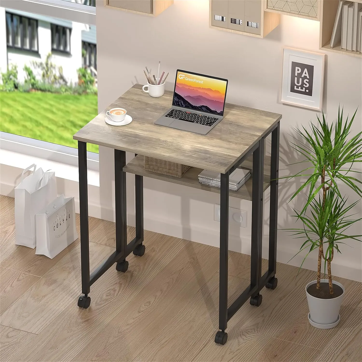 GreenForest Folding Desk Small Rolling Desk with Storage Shelf,24.8 inch Foldable Computer Desk with Wheels for Small Space,Easy Assembly,Grey Wash