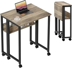 GreenForest Folding Desk Small Rolling Desk with Storage Shelf,24.8 inch Foldable Computer Desk with Wheels for Small Space,Easy Assembly,Grey Wash