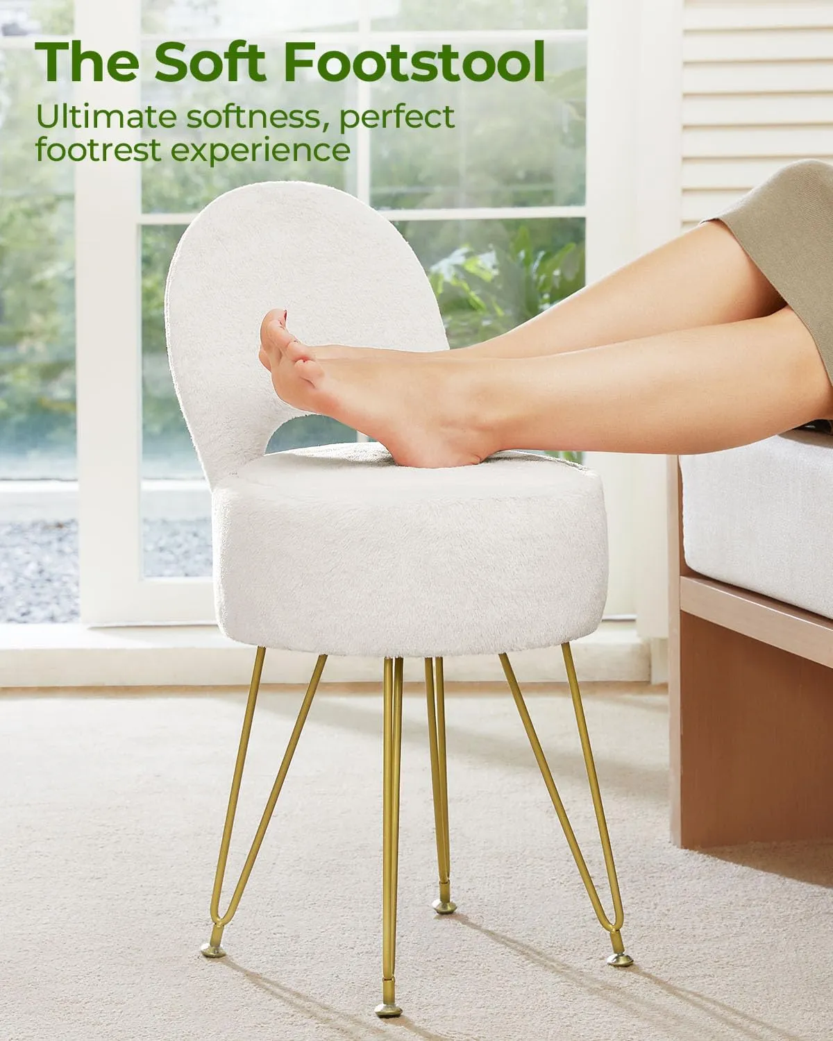 GREENSTELL Small Vanity Stool Chair with Storage and Folding Back, 13" x 13" x 17.7" Faux Fur Soft Ottoman for Teenager, 4 Metal Legs with Anti-Slip Feet, Furry Padded Seat for Makeup, Bedroom, White