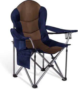 GRETERST Camping Chair Oversized Padded Folding Portable Arm Chairs with Lumbar Back Support, Cooler Bag, Cup Holder & Side Pocket, Extra Head Pocket, Blue&brown