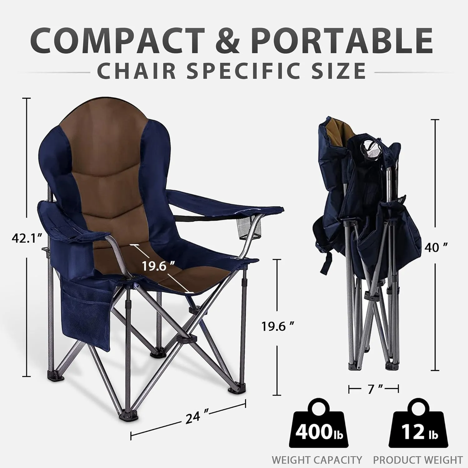 GRETERST Camping Chair Oversized Padded Folding Portable Arm Chairs with Lumbar Back Support, Cooler Bag, Cup Holder & Side Pocket, Extra Head Pocket, Blue&brown
