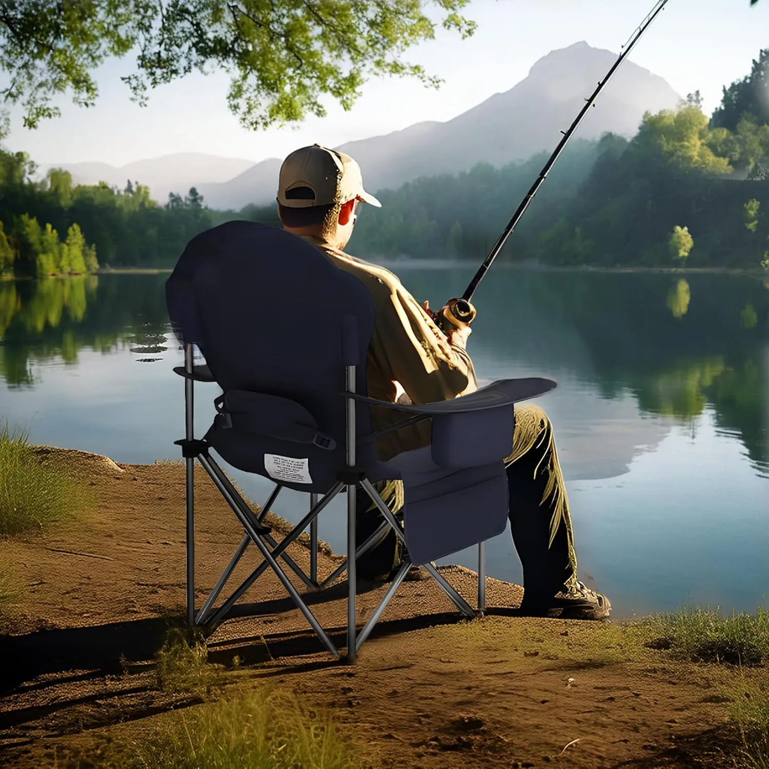 GRETERST Camping Chair Oversized Padded Folding Portable Arm Chairs with Lumbar Back Support, Cooler Bag, Cup Holder & Side Pocket, Extra Head Pocket, Blue&brown