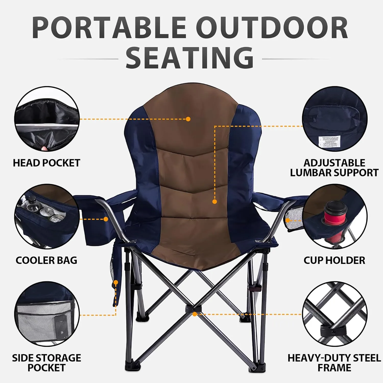 GRETERST Camping Chair Oversized Padded Folding Portable Arm Chairs with Lumbar Back Support, Cooler Bag, Cup Holder & Side Pocket, Extra Head Pocket, Blue&brown
