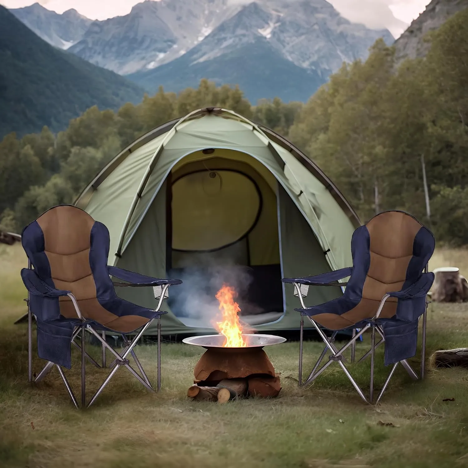 GRETERST Camping Chair Oversized Padded Folding Portable Arm Chairs with Lumbar Back Support, Cooler Bag, Cup Holder & Side Pocket, Extra Head Pocket, Blue&brown