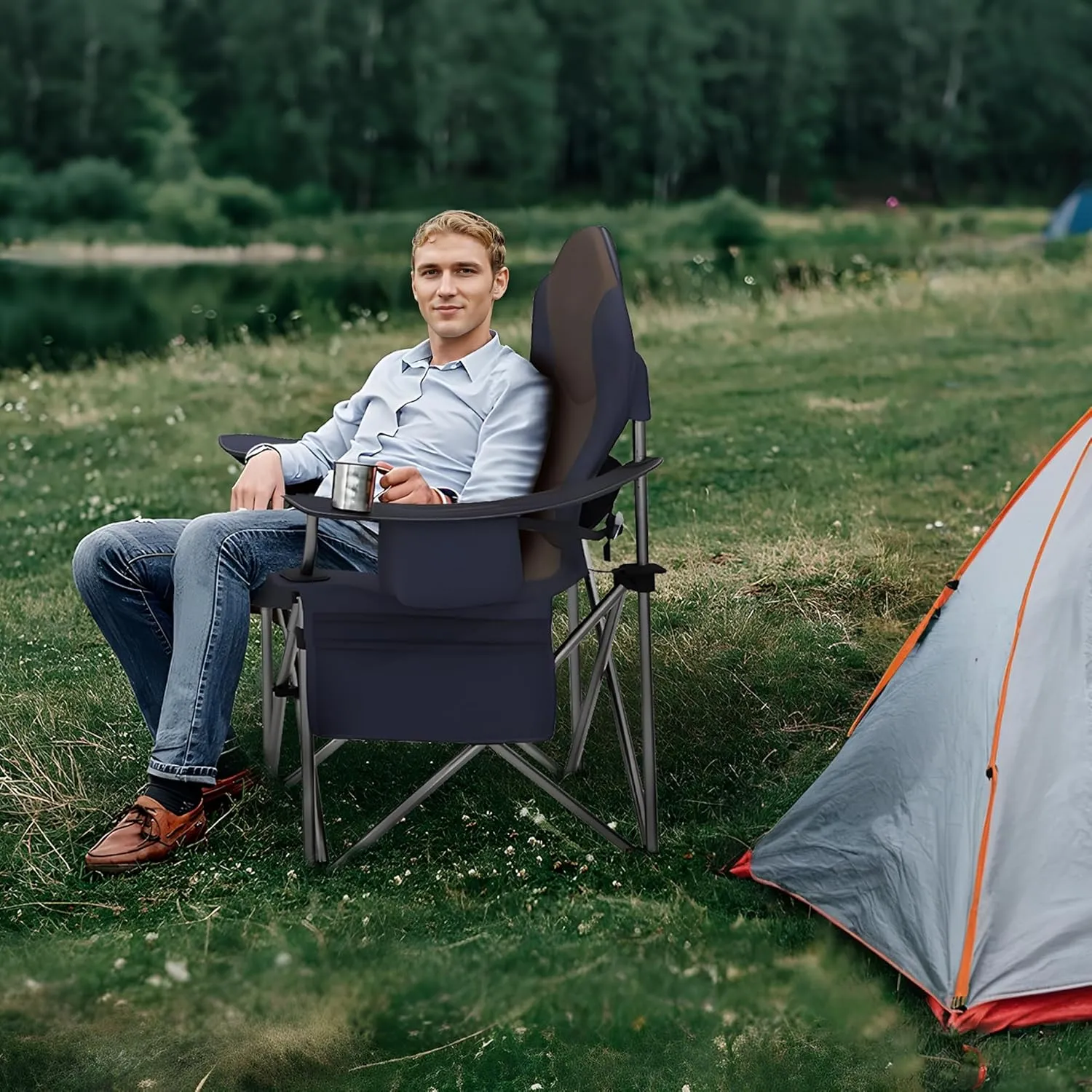 GRETERST Camping Chair Oversized Padded Folding Portable Arm Chairs with Lumbar Back Support, Cooler Bag, Cup Holder & Side Pocket, Extra Head Pocket, Blue&brown