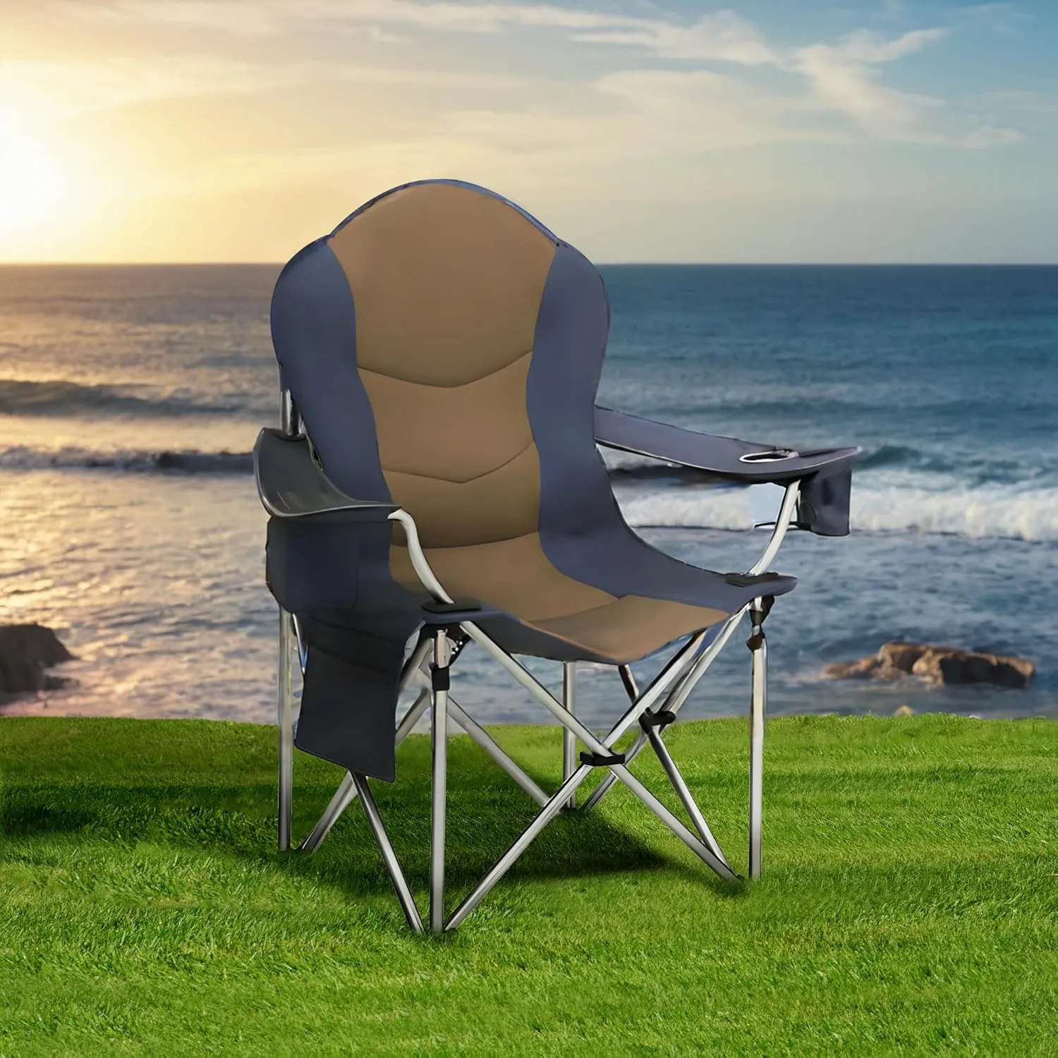 GRETERST Camping Chair Oversized Padded Folding Portable Arm Chairs with Lumbar Back Support, Cooler Bag, Cup Holder & Side Pocket, Extra Head Pocket, Blue&brown