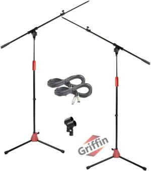 GRIFFIN Tripod Microphone Boom Stand (Pack of 2) with XLR Mic Cables & Clips | Telescoping Arm for Studio Recording Accessories, Singing Vocal Karaoke, Live Stage | 20ft Pro Audio Mic Cord Wire 3-Pin