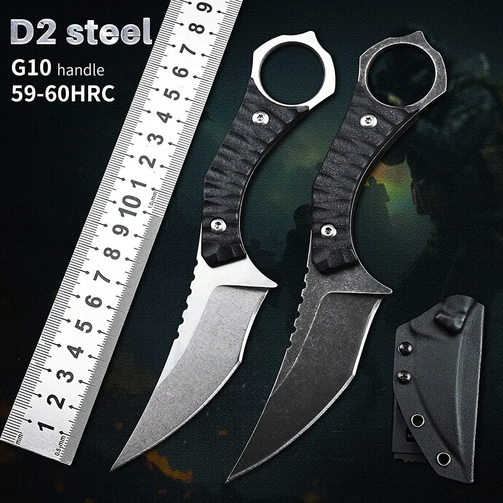 Gtk152 Fixed Blade Knife, D2 Steel Blade G10 Handle EDC Tool Knives with Kydex Sheath, Cool Strong Sharp Fixed Knife for Outdoor Camping Hunting(Black)
