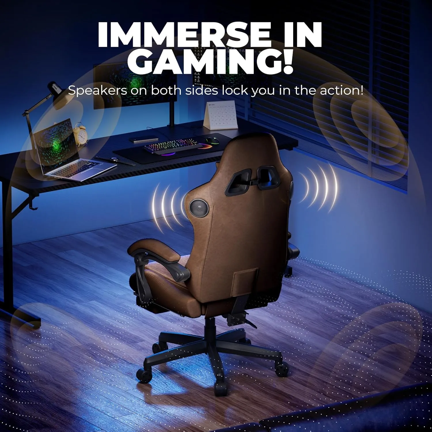 GTPLAYER Gaming Chair with Speakers, Video Game Chairs with Footrest, PC Gamer Chairs for Adults - Padded High Back Ergonomic Reclining Silla Gamer, Linkage Armrest, Ace Pro, Light Brown