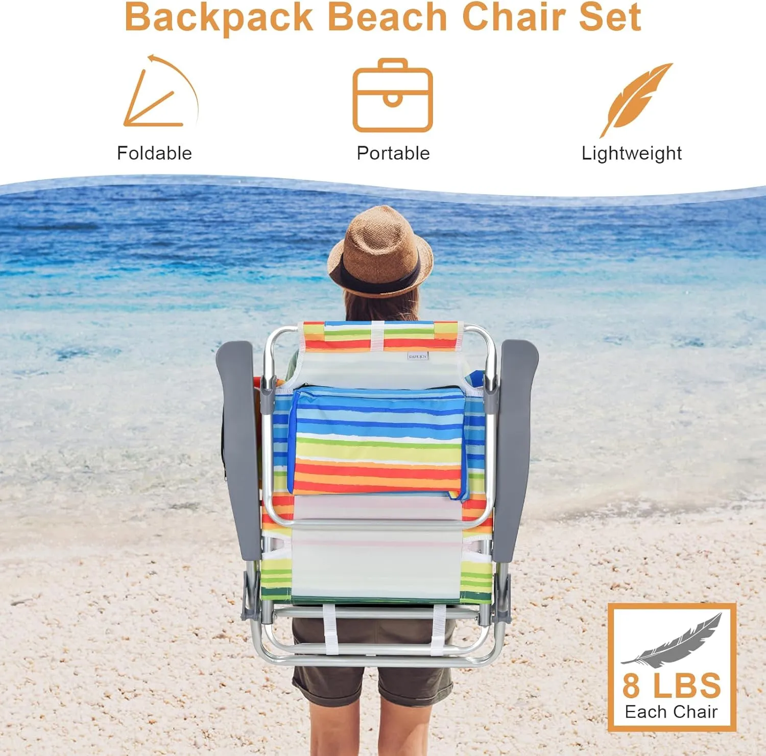 GYMAX Beach Chairs, 2-Pack Backpack Camping Chair w/Armrest, Cooler Bag, Cup Holder, Towel Bar & Pockets, Sunbath Sling Tanning Lounge, Folding Layout Chairs (Yellow Strip, Without Table)