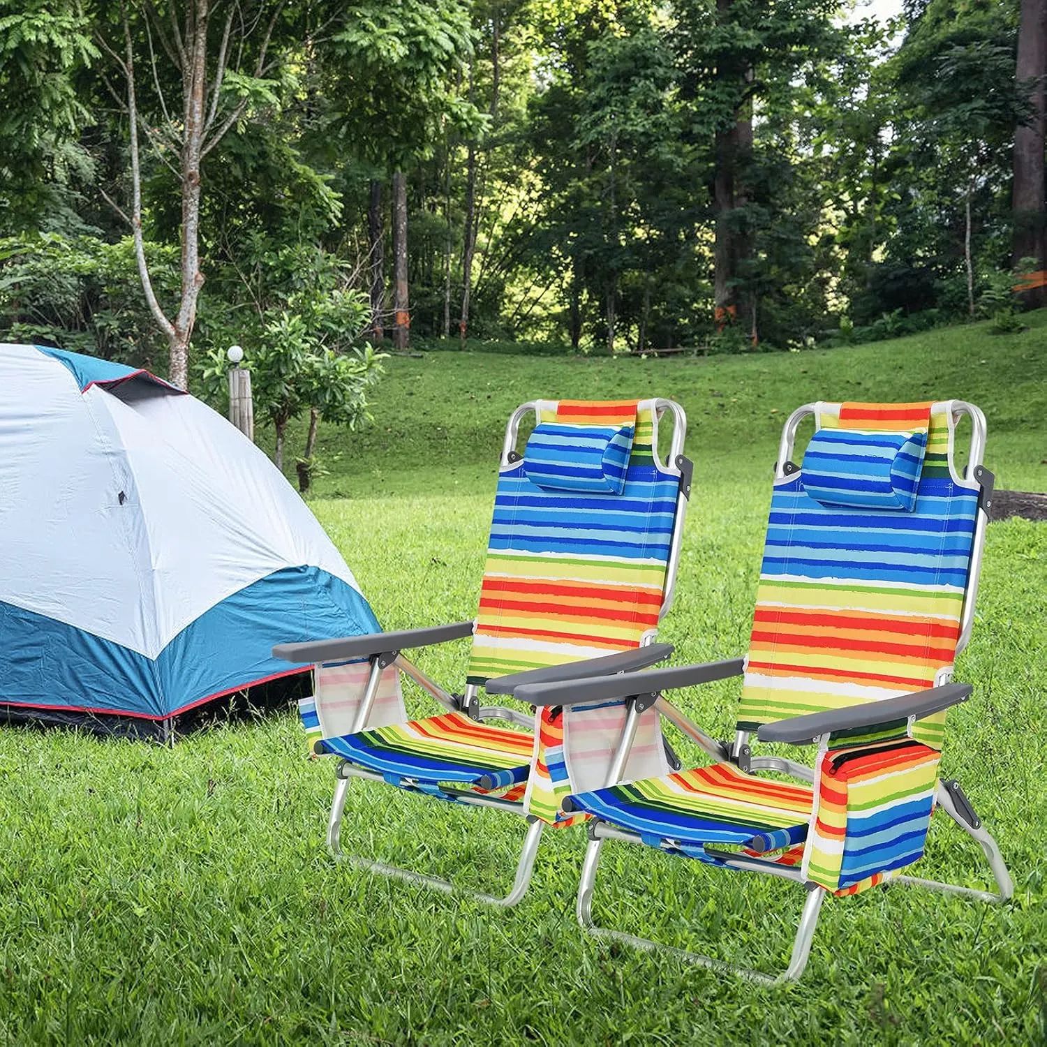 GYMAX Beach Chairs, 2-Pack Backpack Camping Chair w/Armrest, Cooler Bag, Cup Holder, Towel Bar & Pockets, Sunbath Sling Tanning Lounge, Folding Layout Chairs (Yellow Strip, Without Table)