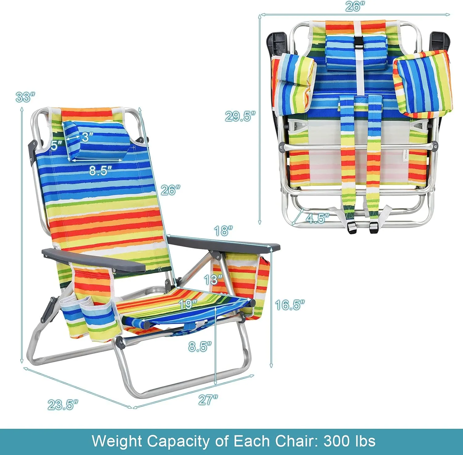 GYMAX Beach Chairs, 2-Pack Backpack Camping Chair w/Armrest, Cooler Bag, Cup Holder, Towel Bar & Pockets, Sunbath Sling Tanning Lounge, Folding Layout Chairs (Yellow Strip, Without Table)