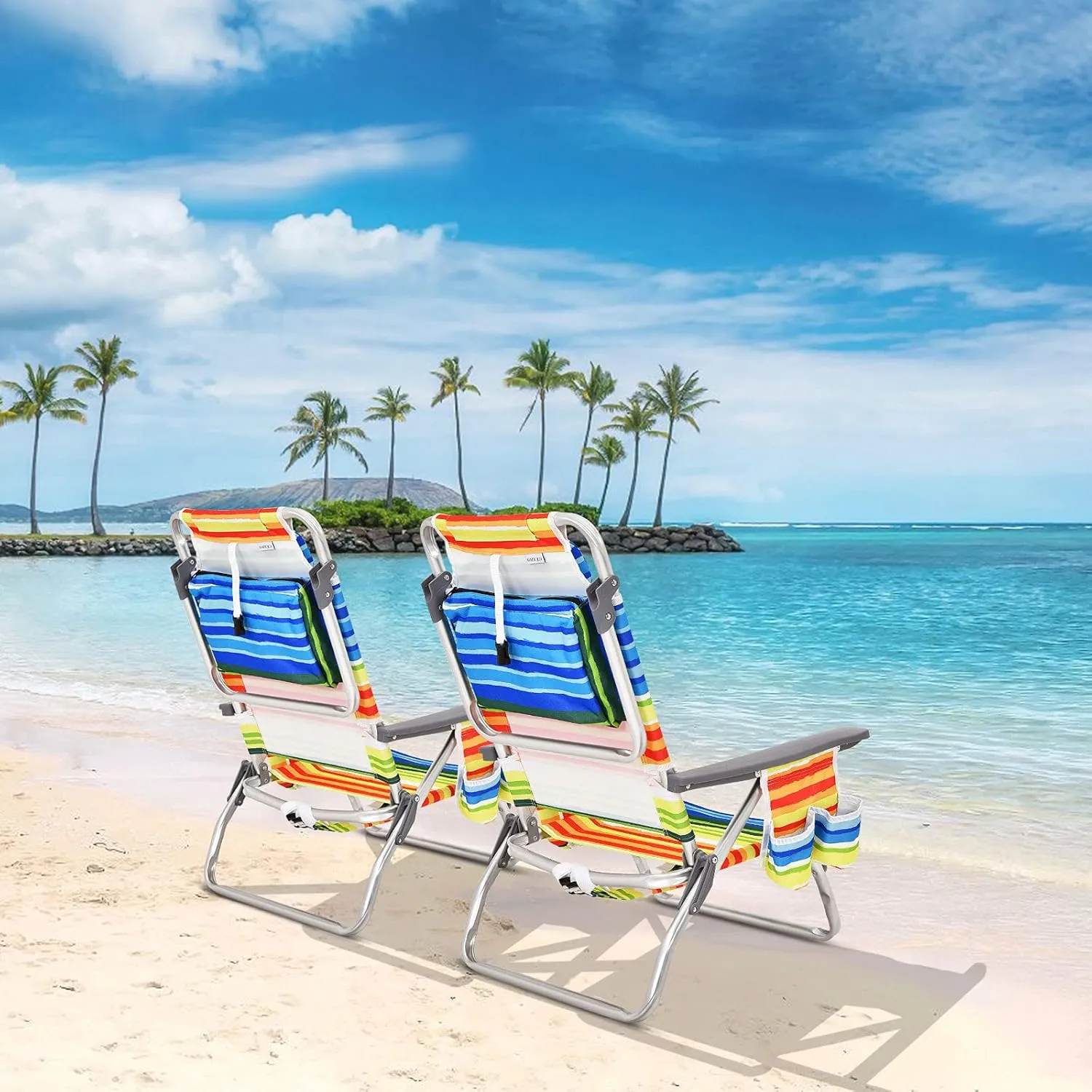GYMAX Beach Chairs, 2-Pack Backpack Camping Chair w/Armrest, Cooler Bag, Cup Holder, Towel Bar & Pockets, Sunbath Sling Tanning Lounge, Folding Layout Chairs (Yellow Strip, Without Table)