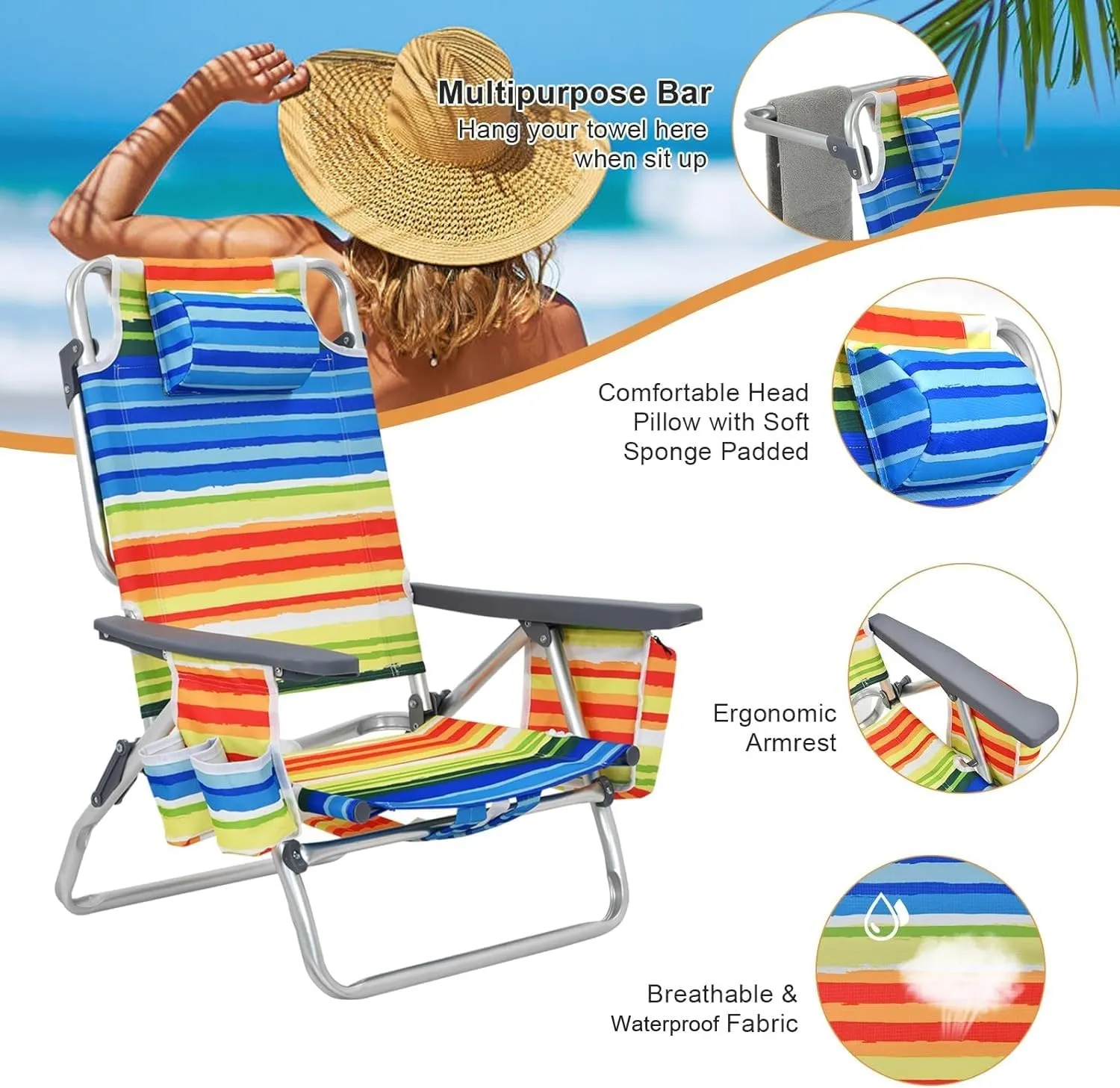 GYMAX Beach Chairs, 2-Pack Backpack Camping Chair w/Armrest, Cooler Bag, Cup Holder, Towel Bar & Pockets, Sunbath Sling Tanning Lounge, Folding Layout Chairs (Yellow Strip, Without Table)