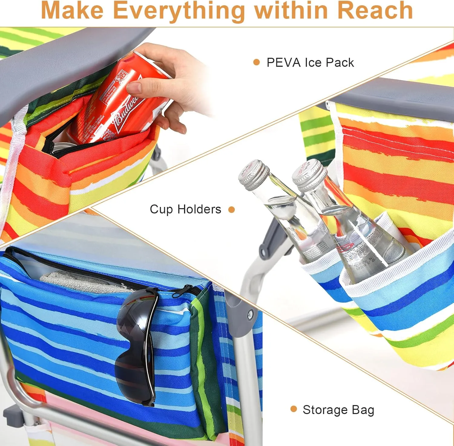GYMAX Beach Chairs, 2-Pack Backpack Camping Chair w/Armrest, Cooler Bag, Cup Holder, Towel Bar & Pockets, Sunbath Sling Tanning Lounge, Folding Layout Chairs (Yellow Strip, Without Table)