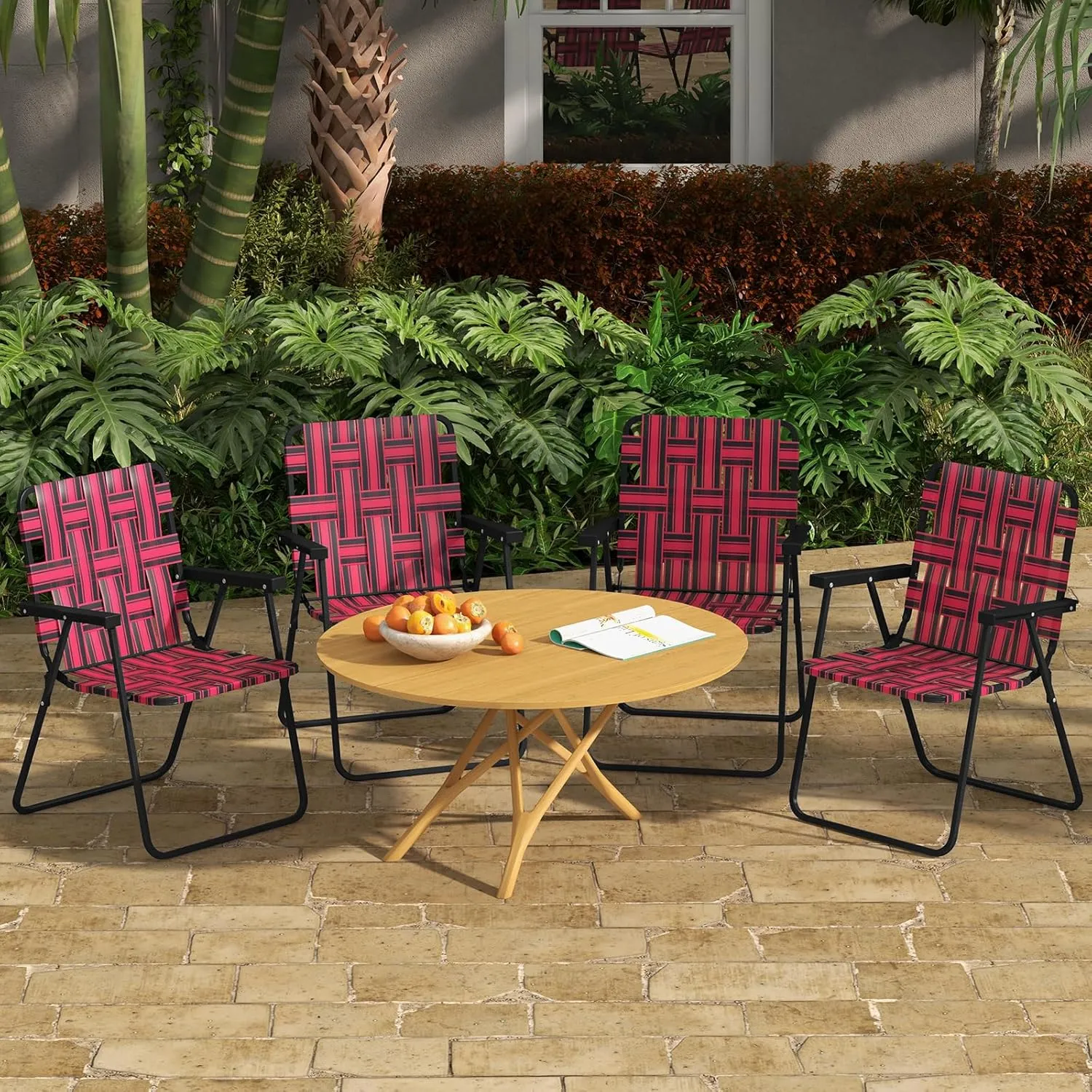 GYMAX Folding Chair, Patio Lawn Chair Set with Armrest, Indoor/Outdoor 2 Pack Webbed Lightweight Dinning Chair, Portable Beach Chair for Outside, Poolside, Backyard (Red, 2)