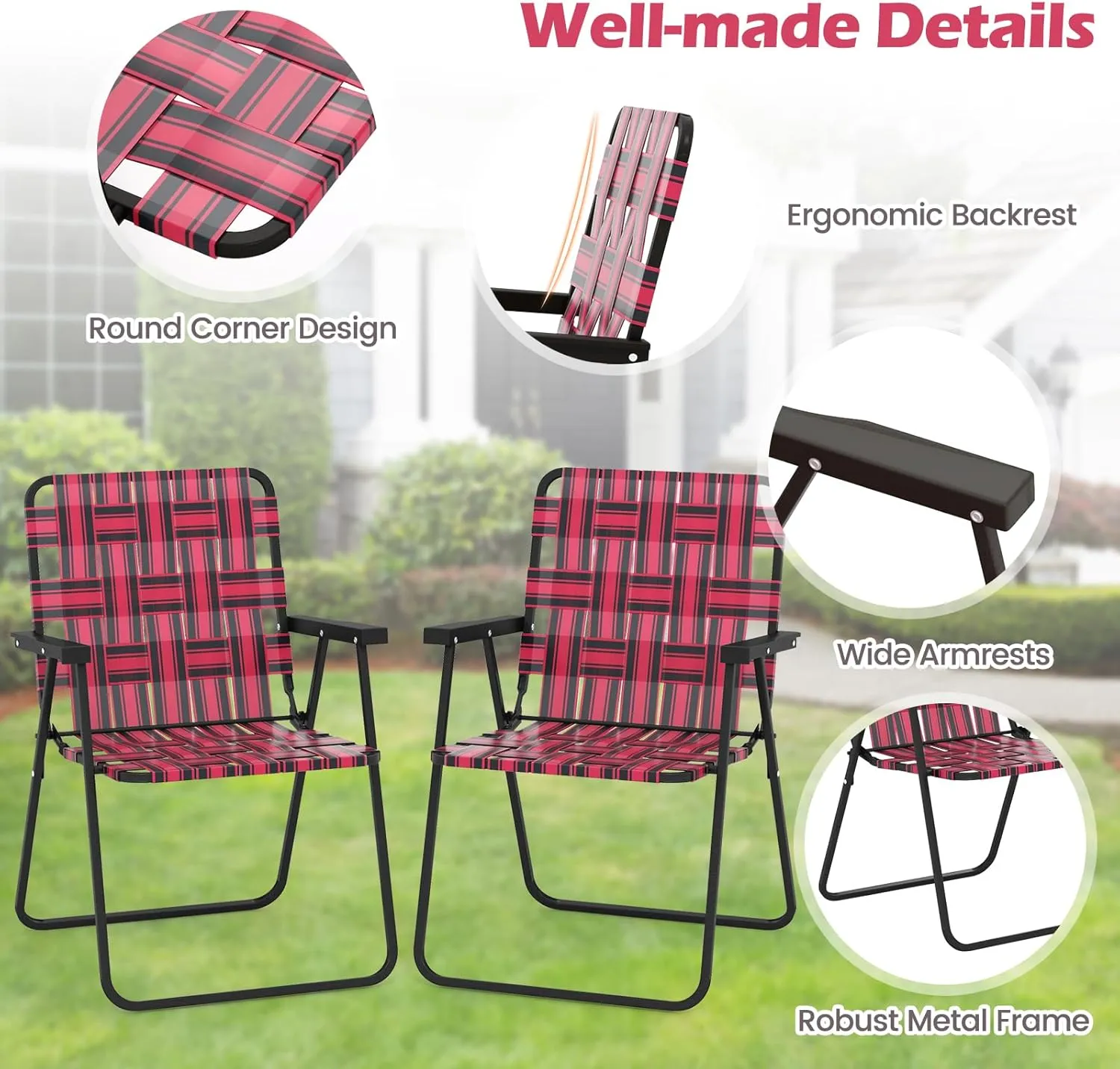 GYMAX Folding Chair, Patio Lawn Chair Set with Armrest, Indoor/Outdoor 2 Pack Webbed Lightweight Dinning Chair, Portable Beach Chair for Outside, Poolside, Backyard (Red, 2)