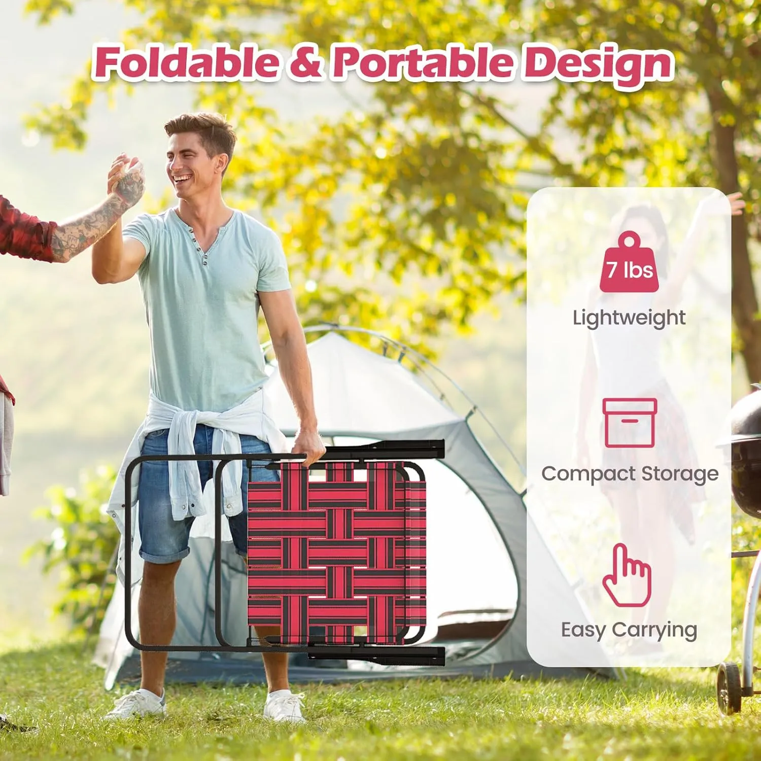 GYMAX Folding Chair, Patio Lawn Chair Set with Armrest, Indoor/Outdoor 2 Pack Webbed Lightweight Dinning Chair, Portable Beach Chair for Outside, Poolside, Backyard (Red, 2)