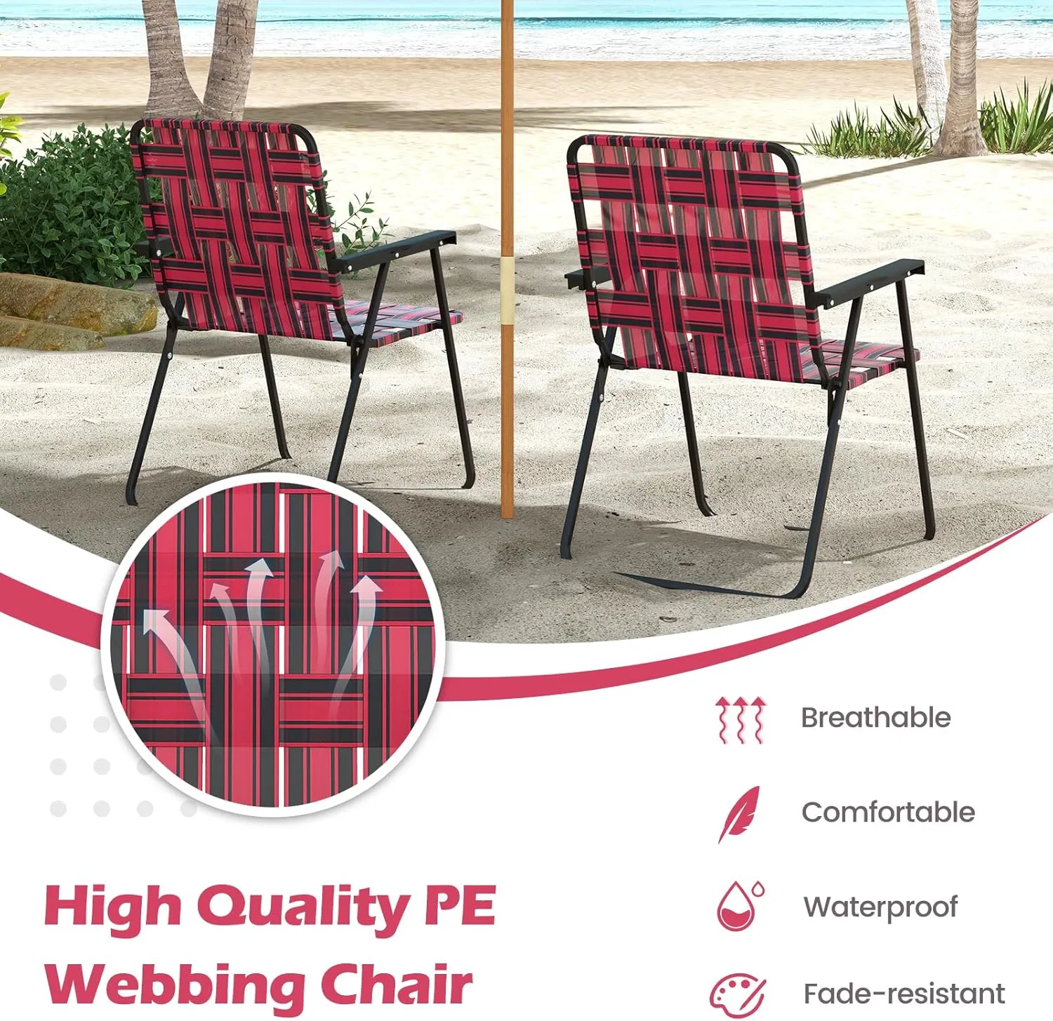GYMAX Folding Chair, Patio Lawn Chair Set with Armrest, Indoor/Outdoor 2 Pack Webbed Lightweight Dinning Chair, Portable Beach Chair for Outside, Poolside, Backyard (Red, 2)