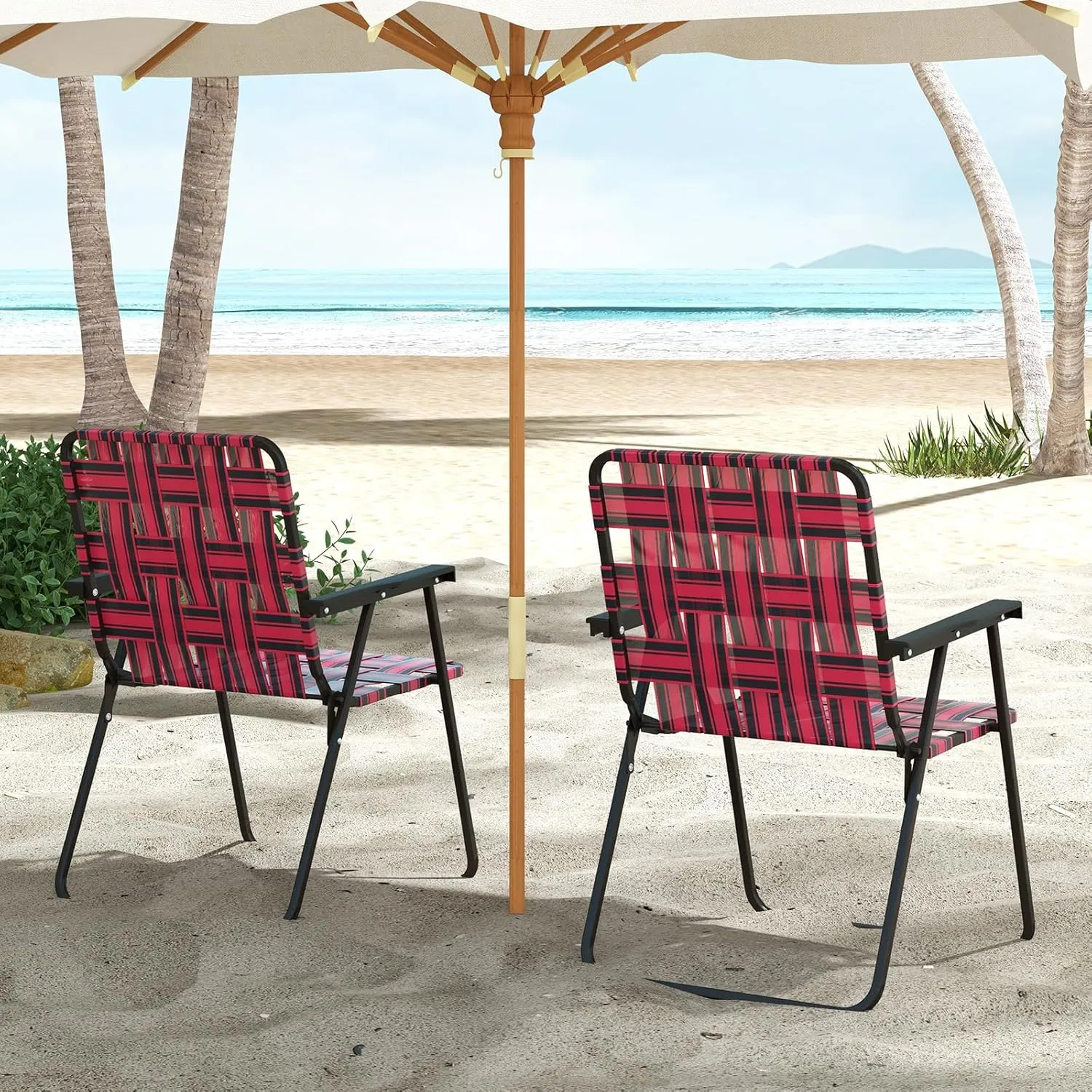 GYMAX Folding Chair, Patio Lawn Chair Set with Armrest, Indoor/Outdoor 2 Pack Webbed Lightweight Dinning Chair, Portable Beach Chair for Outside, Poolside, Backyard (Red, 2)