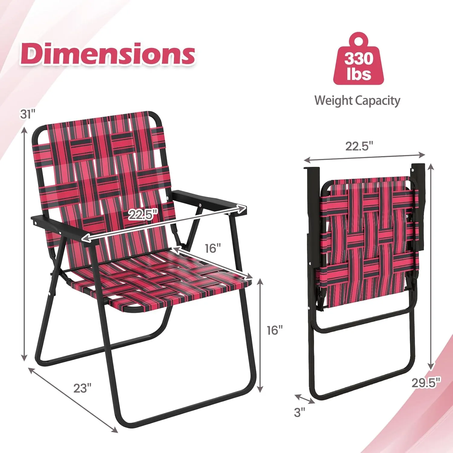 GYMAX Folding Chair, Patio Lawn Chair Set with Armrest, Indoor/Outdoor 2 Pack Webbed Lightweight Dinning Chair, Portable Beach Chair for Outside, Poolside, Backyard (Red, 2)