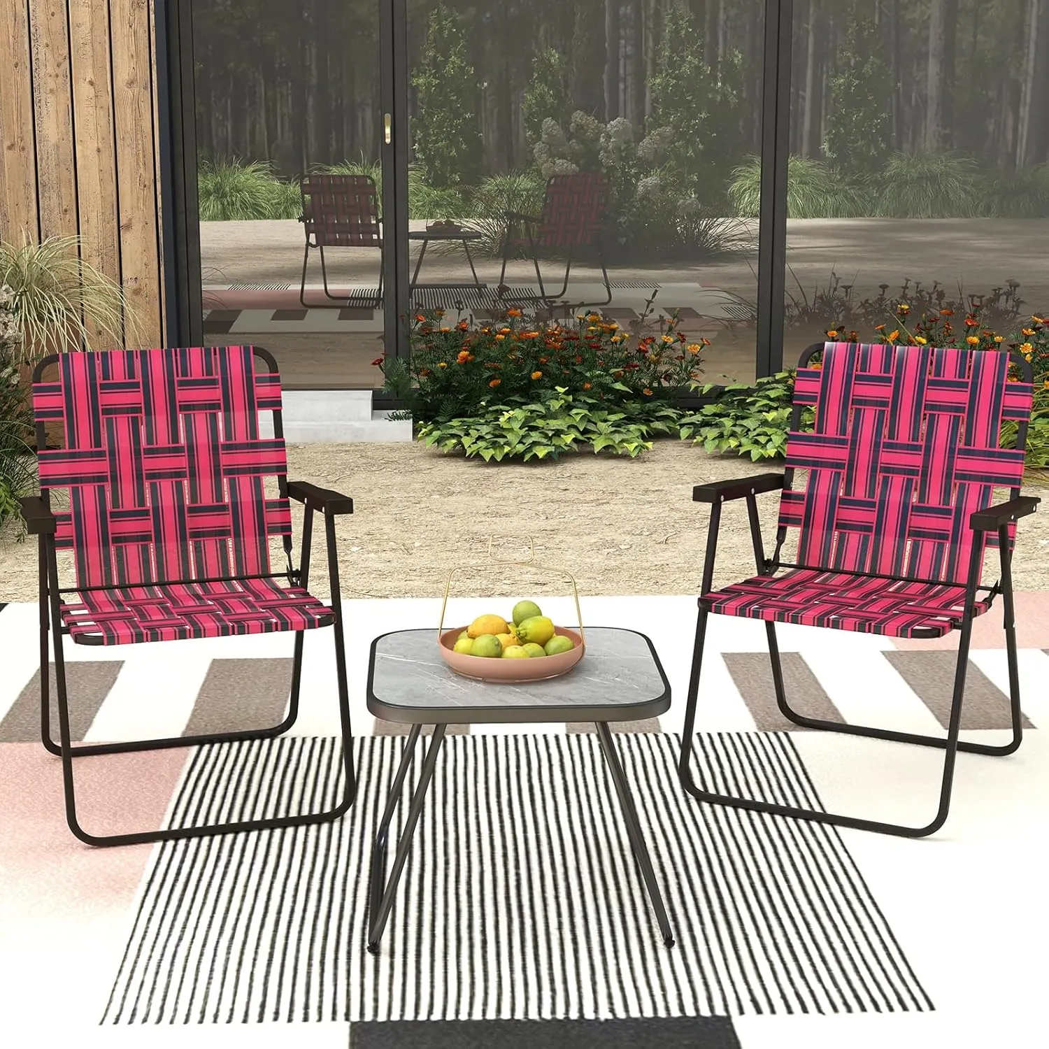 GYMAX Folding Chair, Patio Lawn Chair Set with Armrest, Indoor/Outdoor 2 Pack Webbed Lightweight Dinning Chair, Portable Beach Chair for Outside, Poolside, Backyard (Red, 2)