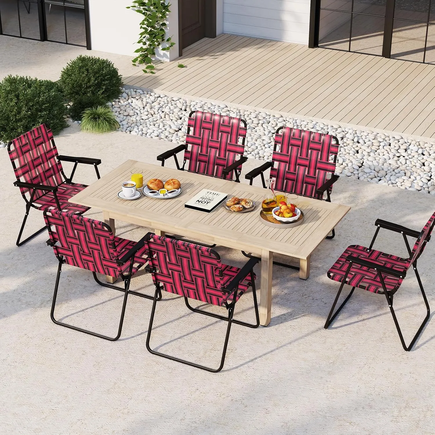 GYMAX Folding Chair, Patio Lawn Chair Set with Armrest, Indoor/Outdoor 2 Pack Webbed Lightweight Dinning Chair, Portable Beach Chair for Outside, Poolside, Backyard (Red, 2)