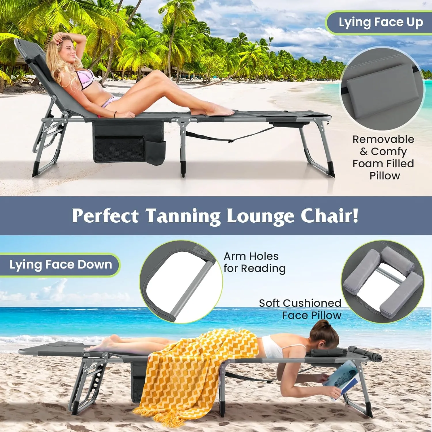GYMAX Tanning Chair, 400LBS Beach Lounge with Face Arm Hole & Hand Shoulder Strap, Folding Layout Sunbathing Chair, Face Down Outdoor Chaise Lounger for Patio, Poolside, Lawn, Backyard (1, Grey)