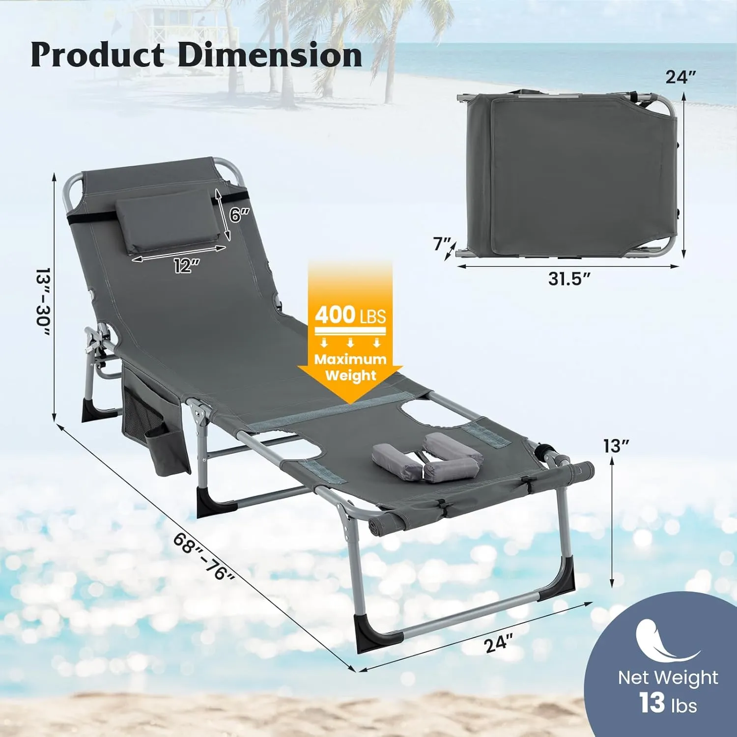 GYMAX Tanning Chair, 400LBS Beach Lounge with Face Arm Hole & Hand Shoulder Strap, Folding Layout Sunbathing Chair, Face Down Outdoor Chaise Lounger for Patio, Poolside, Lawn, Backyard (1, Grey)