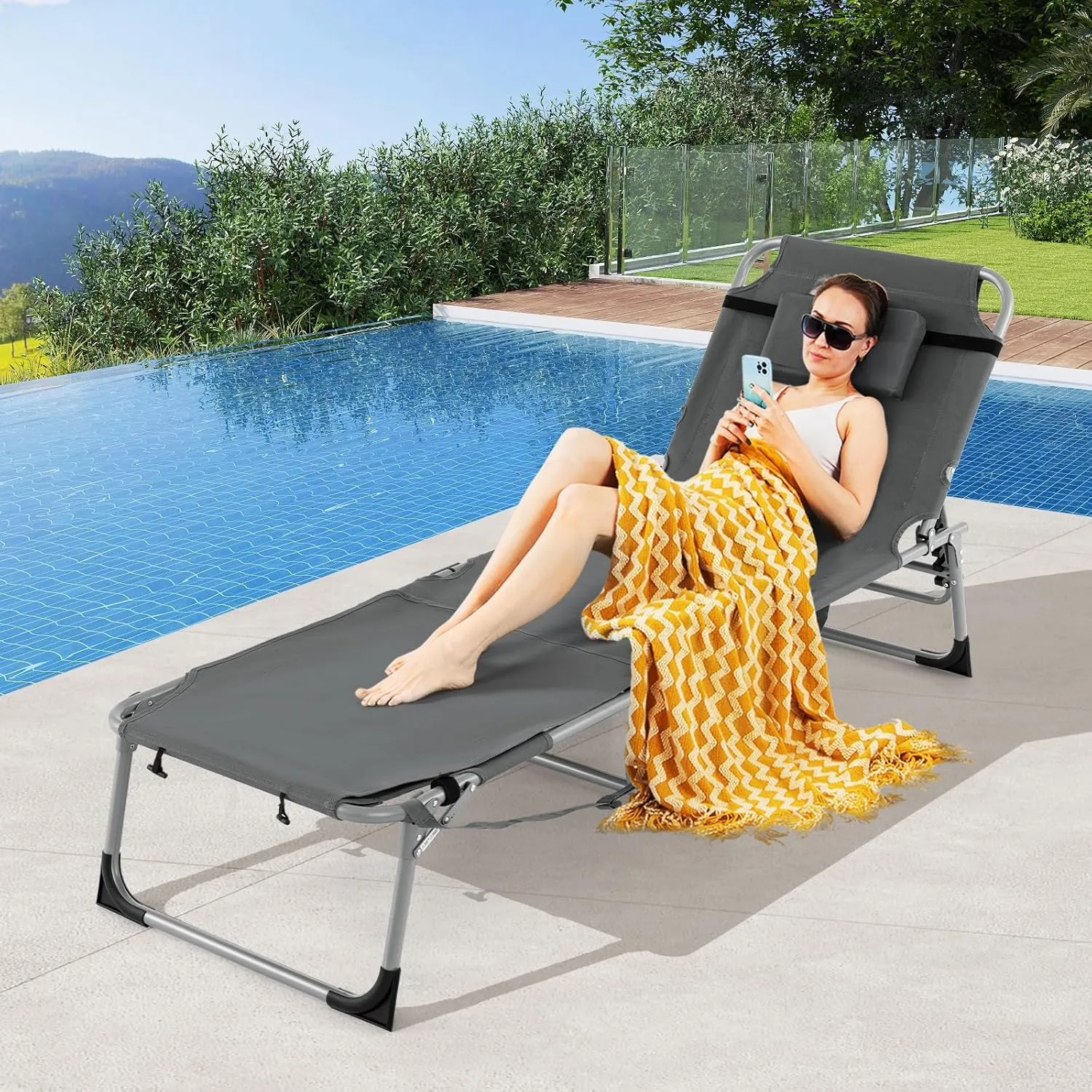GYMAX Tanning Chair, 400LBS Beach Lounge with Face Arm Hole & Hand Shoulder Strap, Folding Layout Sunbathing Chair, Face Down Outdoor Chaise Lounger for Patio, Poolside, Lawn, Backyard (1, Grey)