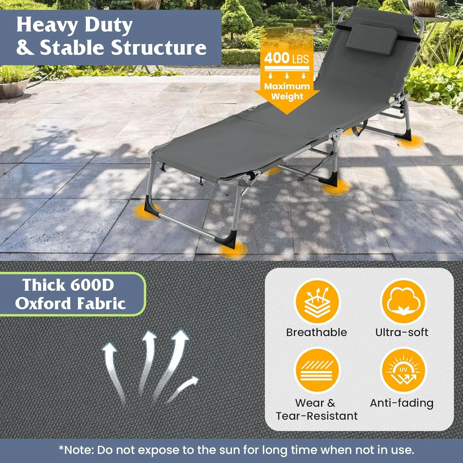 GYMAX Tanning Chair, 400LBS Beach Lounge with Face Arm Hole & Hand Shoulder Strap, Folding Layout Sunbathing Chair, Face Down Outdoor Chaise Lounger for Patio, Poolside, Lawn, Backyard (1, Grey)