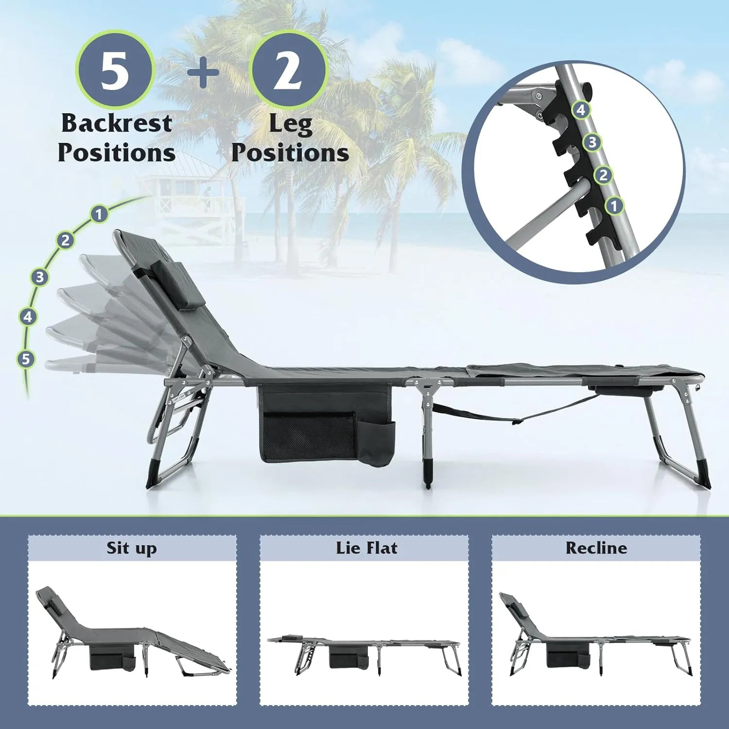 GYMAX Tanning Chair, 400LBS Beach Lounge with Face Arm Hole & Hand Shoulder Strap, Folding Layout Sunbathing Chair, Face Down Outdoor Chaise Lounger for Patio, Poolside, Lawn, Backyard (1, Grey)