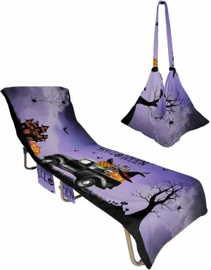 Halloween Black Truck Pumpkin Bat Raven Chaise Lounger Cover with Pockets, Pool Lounge Chair Covers 85"x29", Dead Tree Purple Black Ombre Microfiber Beach Chair Cover for Patio Sunbathing