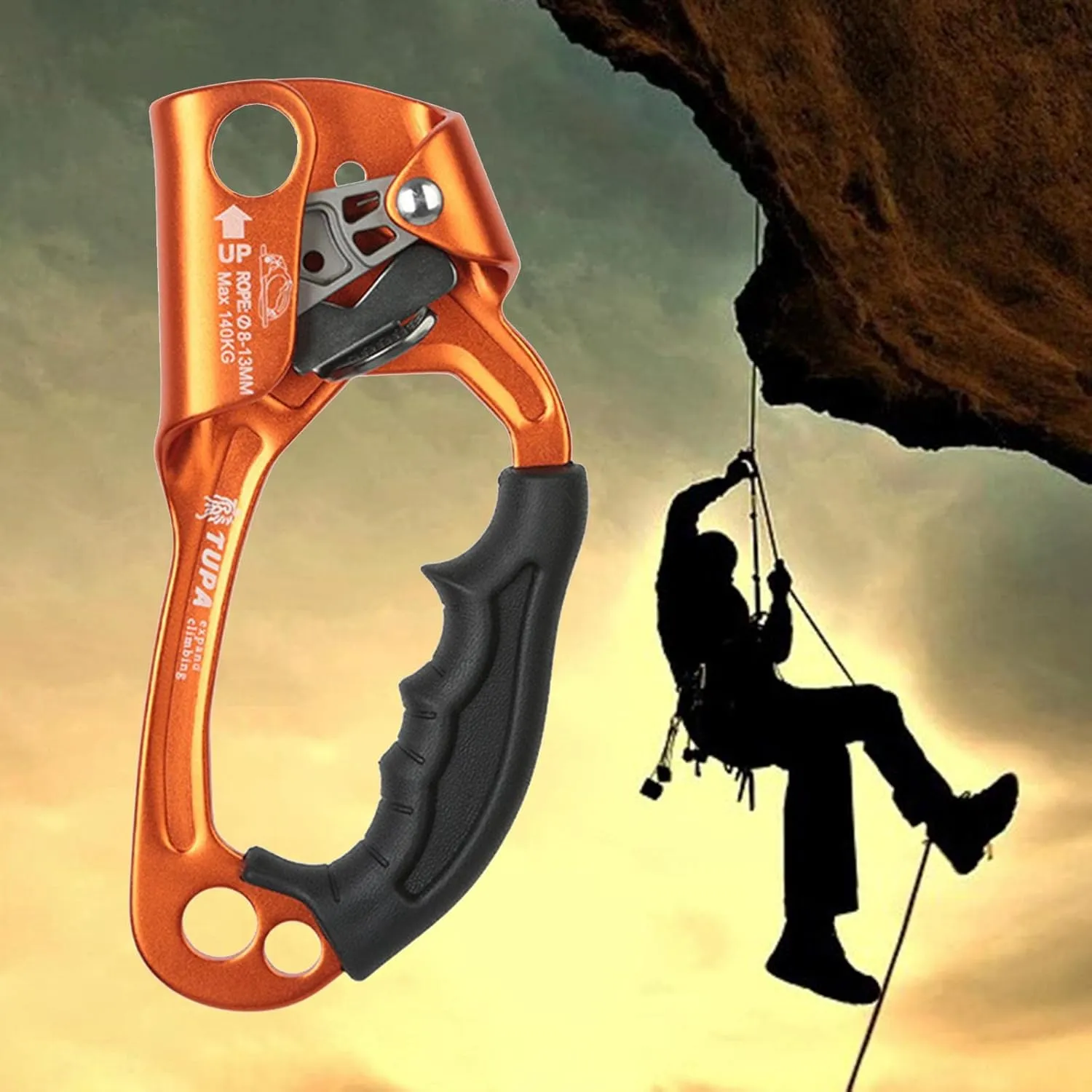 Hand Ascender for Rock Climbing Mountaineering, Orange, Right Hand