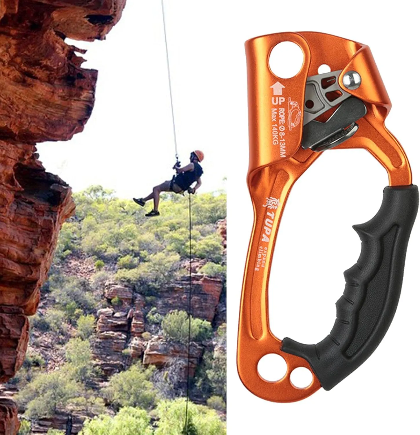Hand Ascender for Rock Climbing Mountaineering, Orange, Right Hand