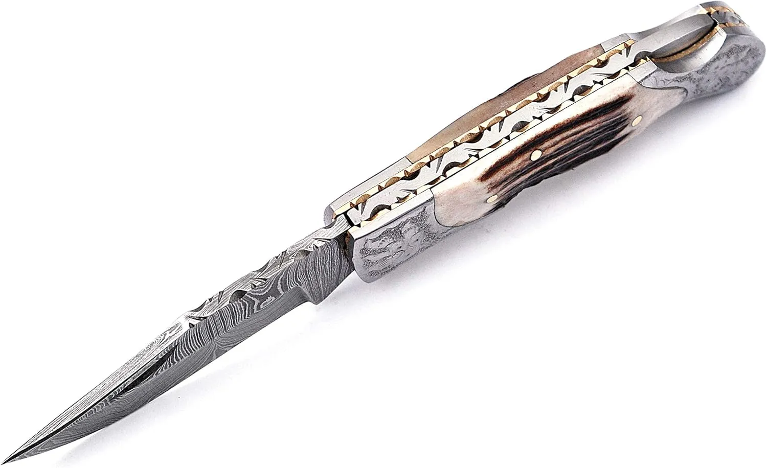 Hand made Damascus steel blade Pocket knife with leather sheath 5170 Stag, knives for men best gift (Stag)