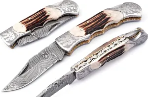 Hand made Damascus steel blade Pocket knife with leather sheath 5170 Stag, knives for men best gift (Stag)