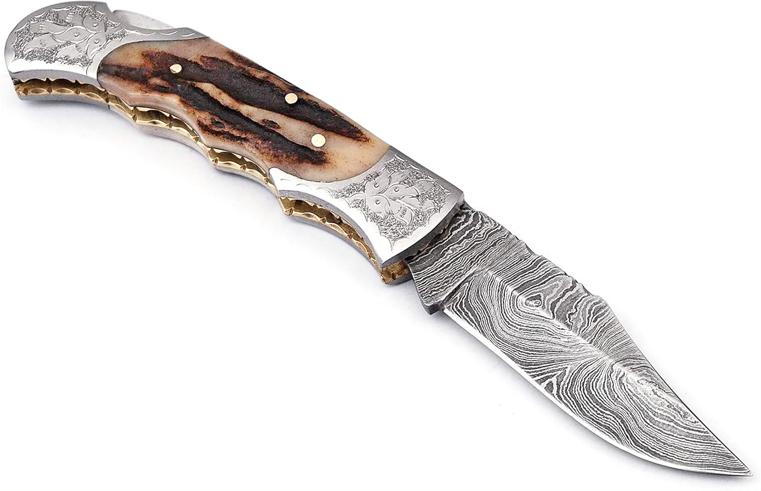 Hand made Damascus steel blade Pocket knife with leather sheath 5170 Stag, knives for men best gift (Stag)