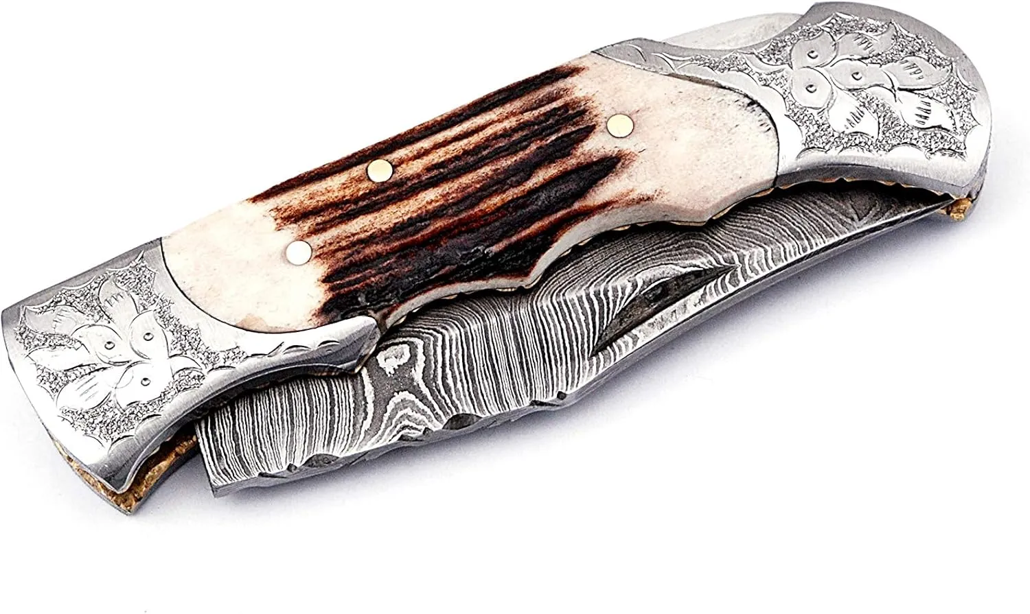 Hand made Damascus steel blade Pocket knife with leather sheath 5170 Stag, knives for men best gift (Stag)
